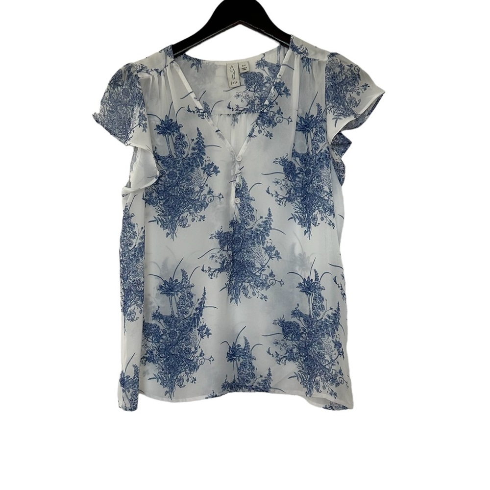 NWOT - Joie Blue & White Floral Printed Flutter Sleeve Top - Picture 2 of 7